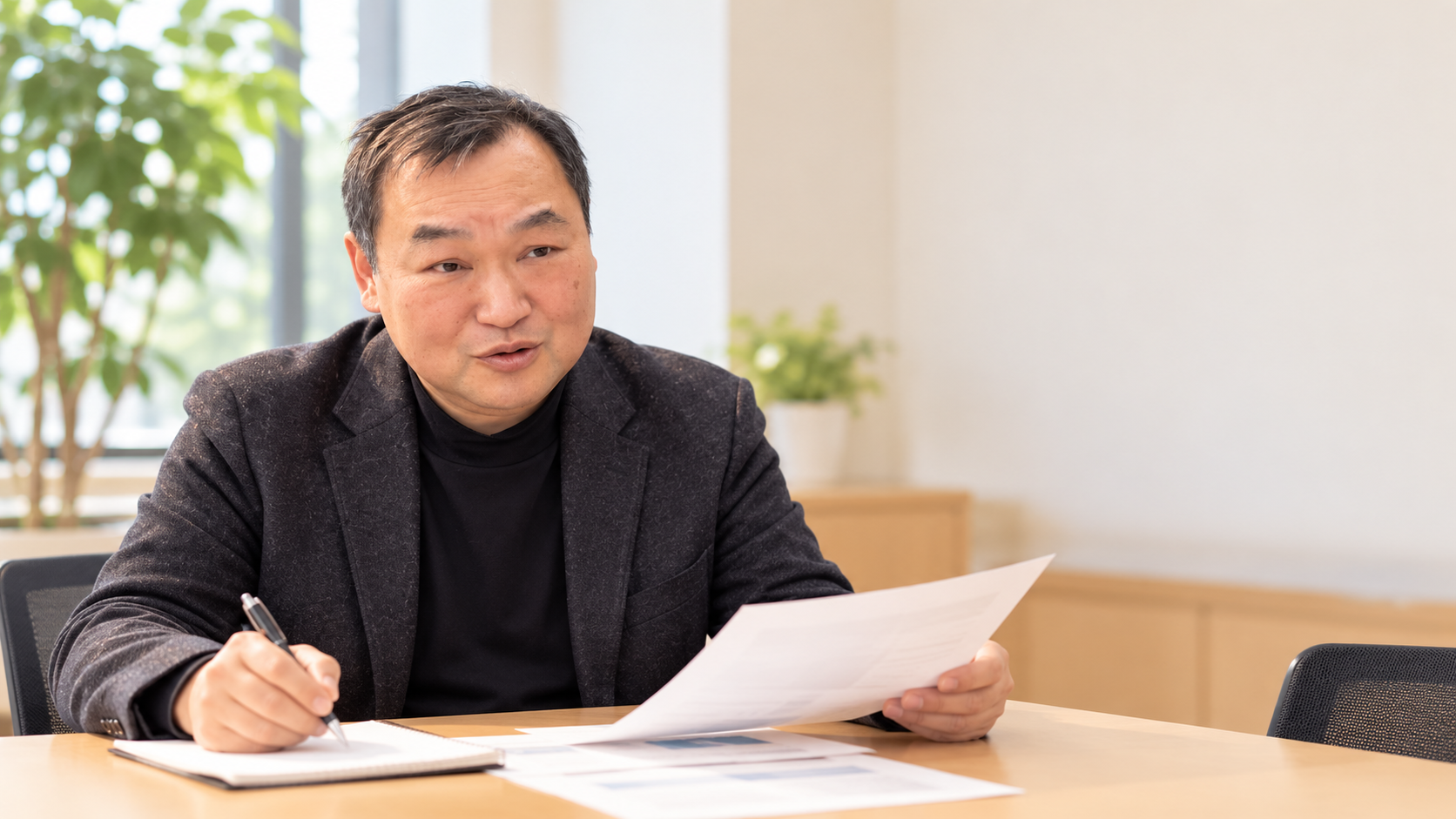 雇用助成金の資料を確認する川崎政義